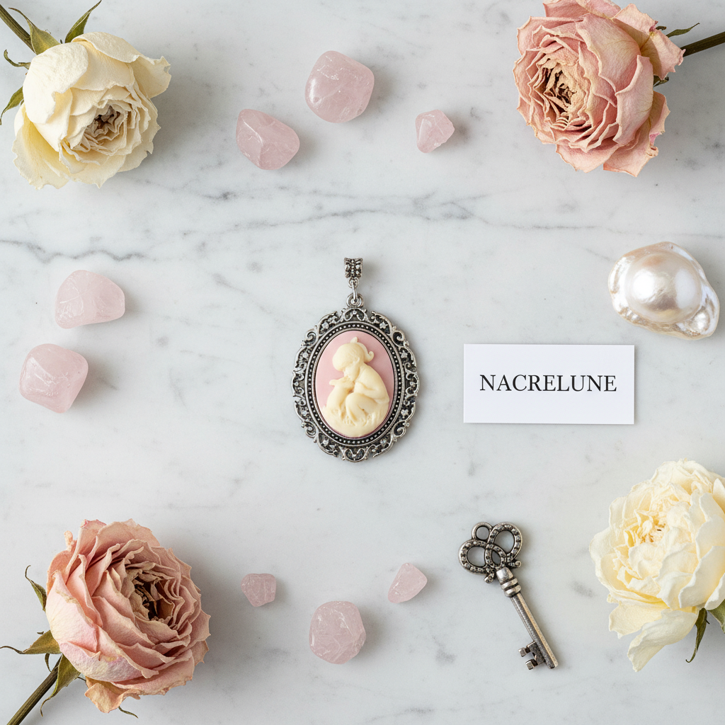 Grand pendentif camée rose représentant une petite fille et son lapin nacrelune.com pendentif