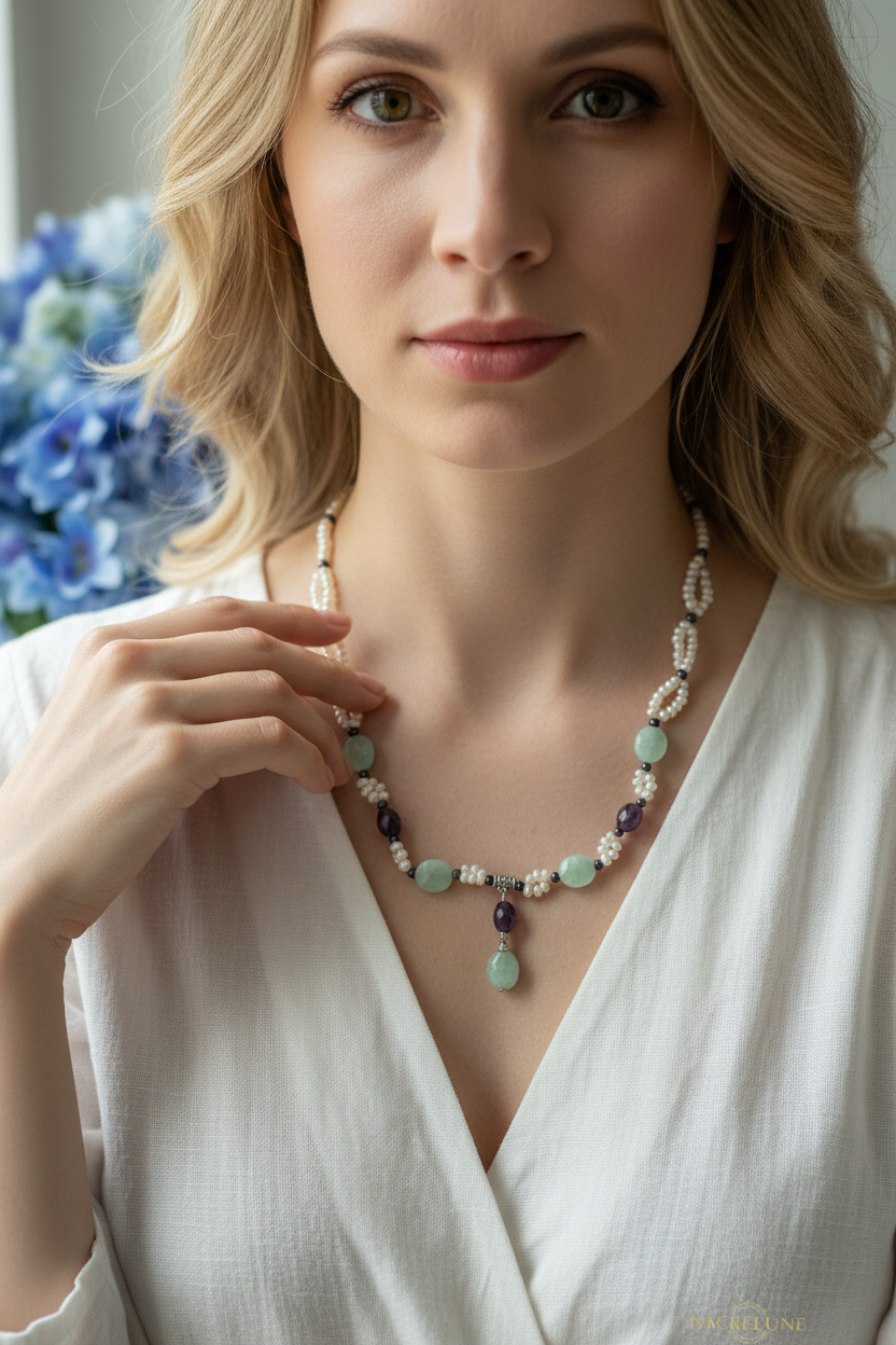 Collier en aigue marine, améthyste et perles de culture nacrelune.com collier