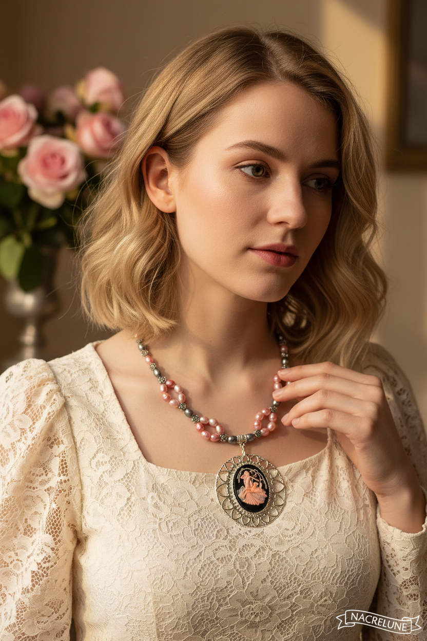 Collier en perles de culture roses avec camée nacrelune.com collier