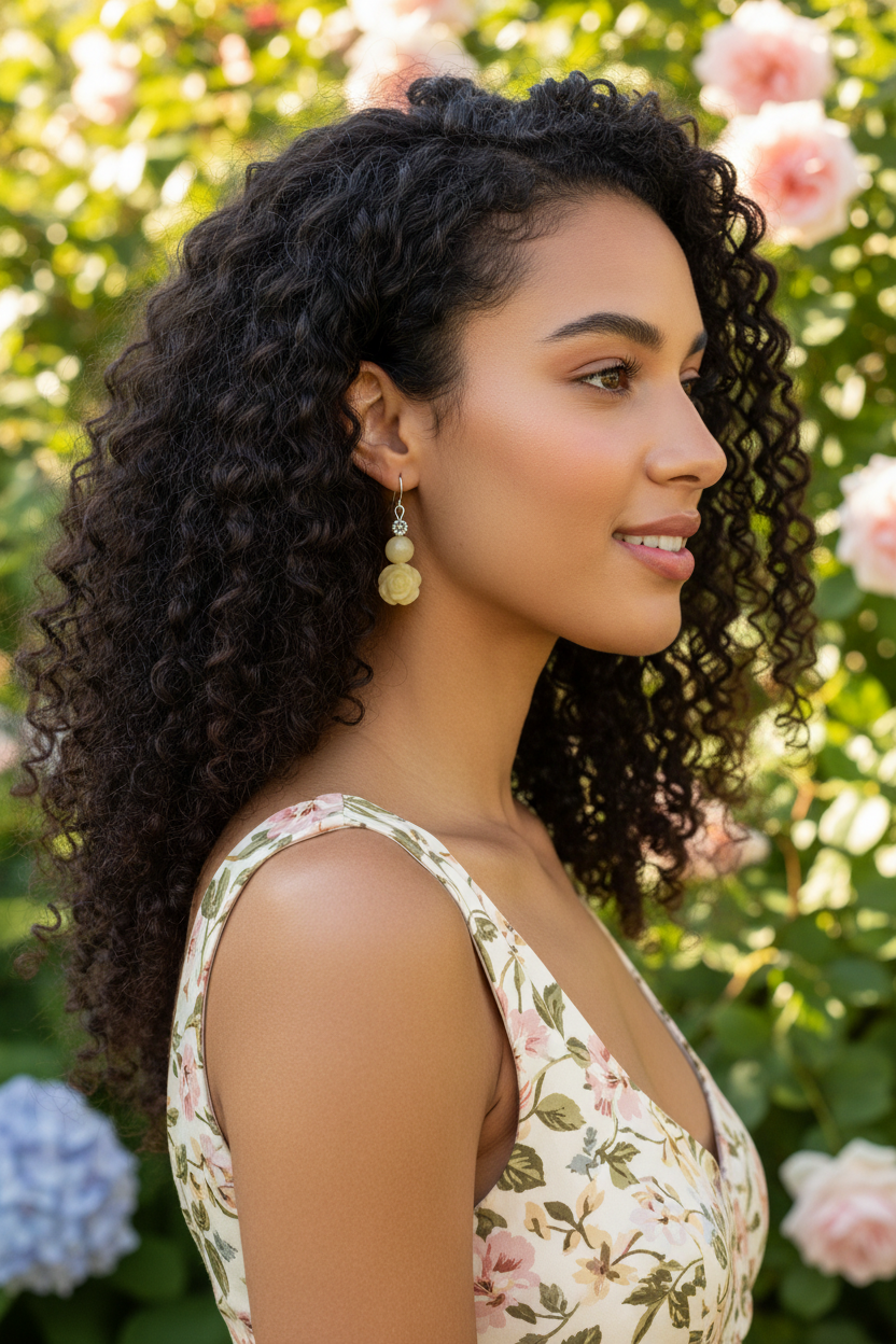 Boucles d'oreille en Citrine – Fleur sculptée & perle argentée nacrelune.com boucles d'oreille