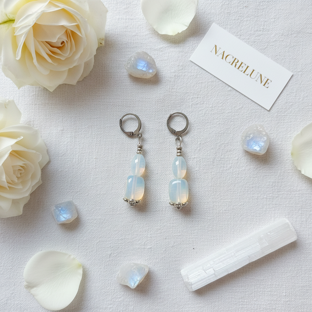 Boucles d'Oreille en Opalite | Pierre de Lumière & Sérénité nacrelune.com boucles d'oreille
