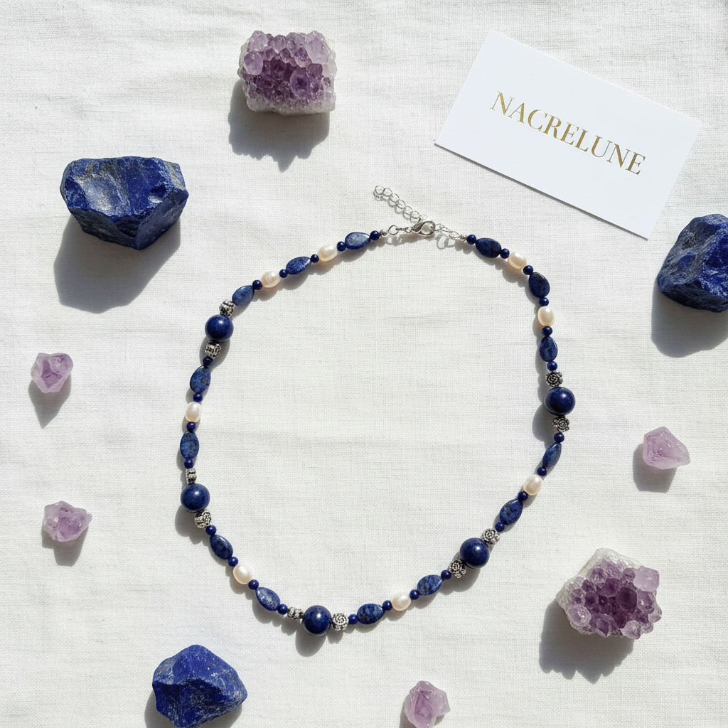 Collier en Lapis Lazuli & Perles | Pierre de Sagesse & Vérité nacrelune.com collier
