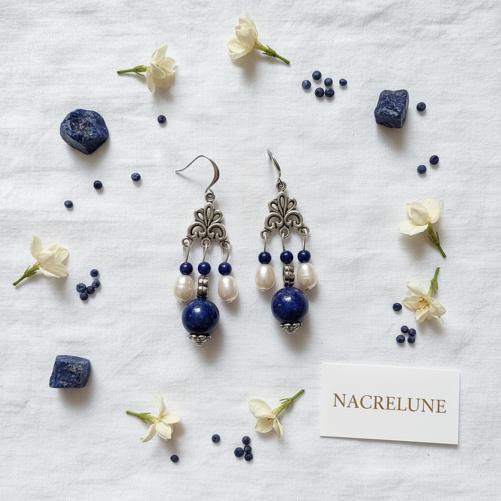 Boucles d'Oreille en Lapis Lazuli & Perles | Pierre de Sagesse nacrelune.com boucles d'oreille