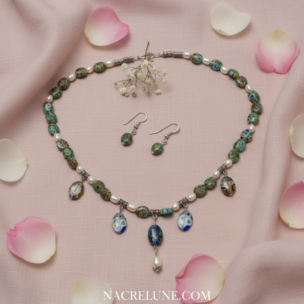 Parure en perles de verre millefiori et perles de culture nacrelune.com parure