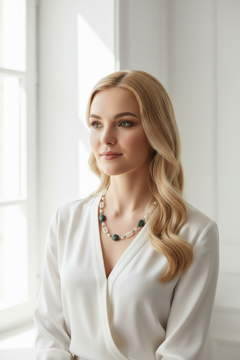 Collier en perles de culture et rubis zoïsites polis nacrelune.com collier