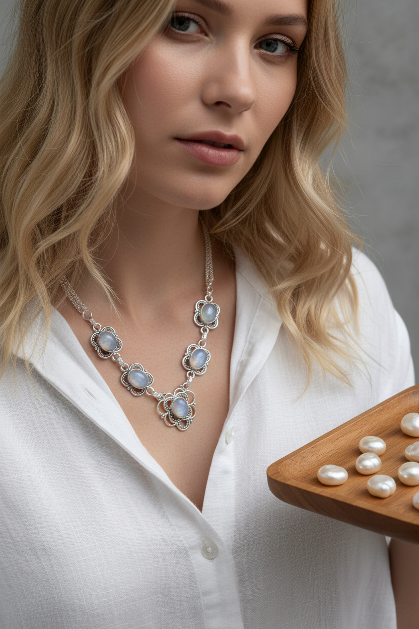 Collier en argent avec pierres de lune nacrelune.com collier