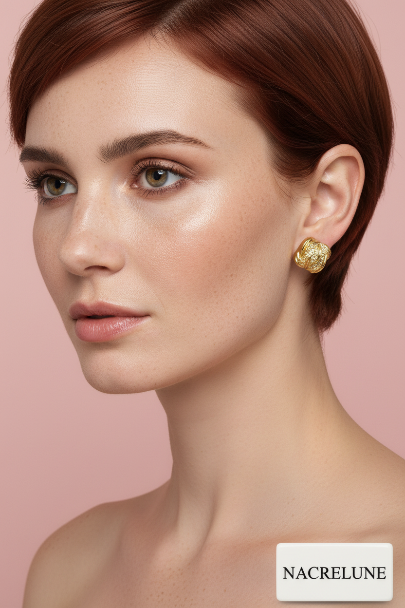 Boucles d'oreille Dorées Carrées Texturées – Torsade & Micro-Cristaux | NACRELUNE nacrelune.com boucles d'oreille