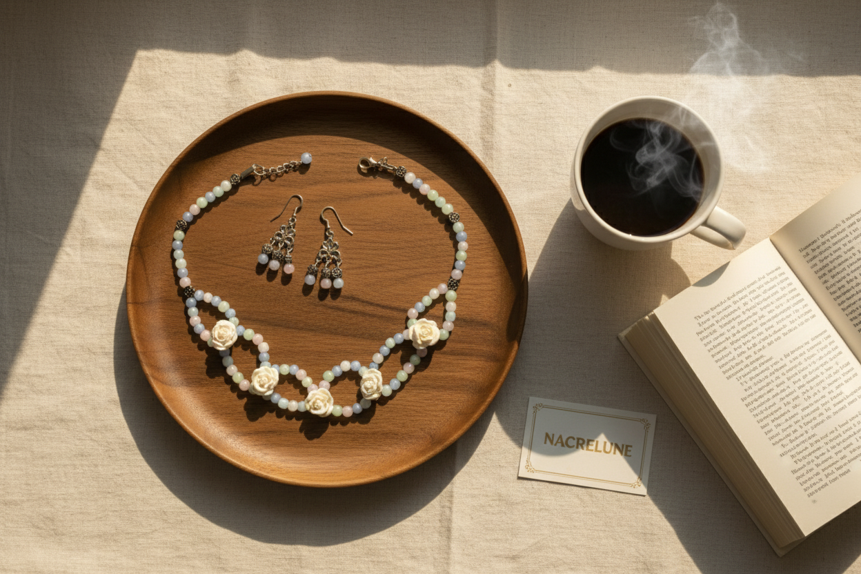 Parure roses blanches en resine et perles de verre nacrelune.com parure