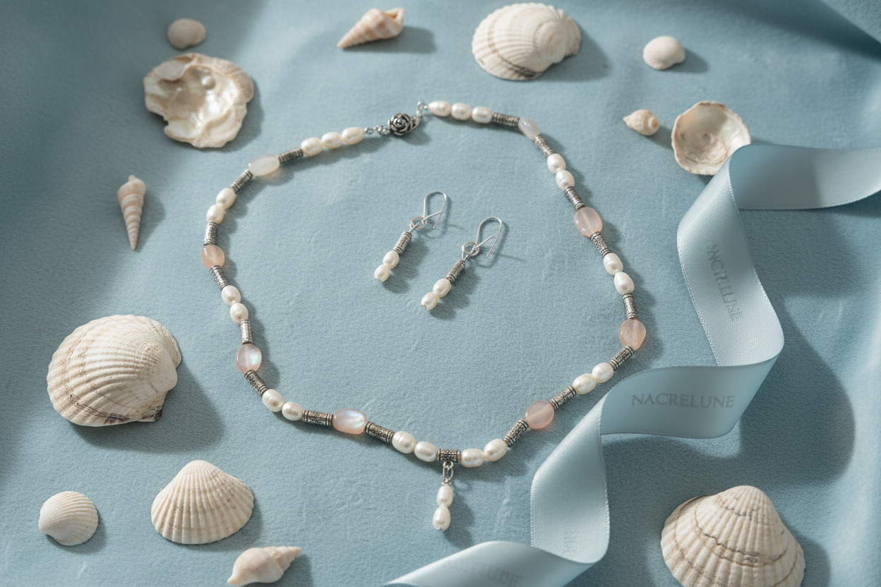 Parure en perles de pierres de lune avec perles de culture orange nacrelune.com parure