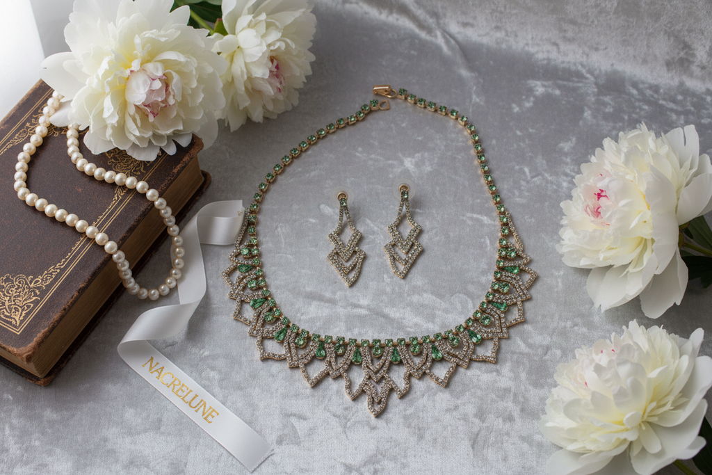 Parure sophistiquée en strass verts nacrelune.com parure