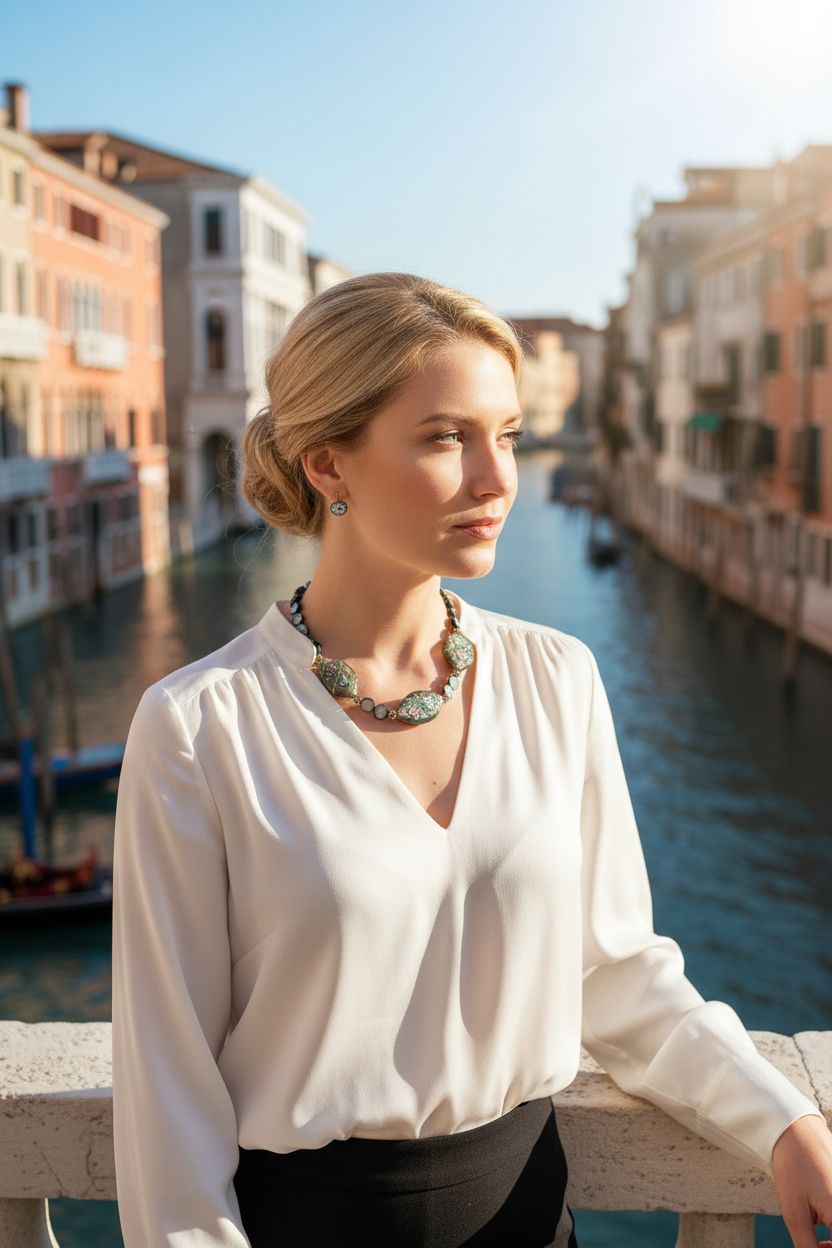 Collier en pastilles de nacre bleu et grandes perles de verre peintes à la main nacrelune.com collier