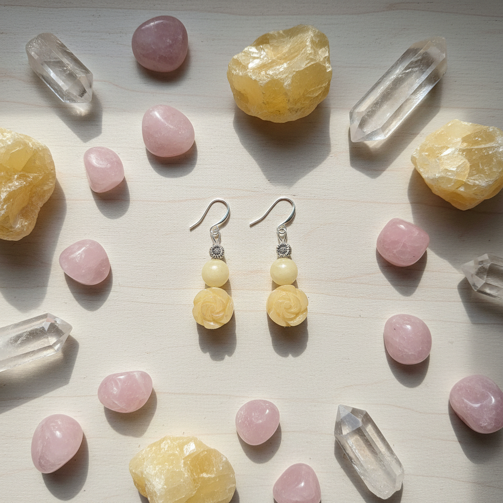 Boucles d'oreille en Citrine – Fleur sculptée & perle argentée nacrelune.com boucles d'oreille