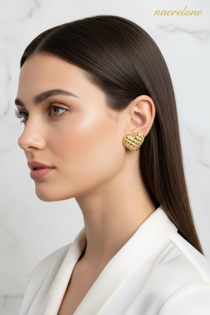 Boucles d'Oreille Cœur Matelassé Plaqué Or – Puffy Heart | NACRELUNE NACRELUNE boucles d'oreille