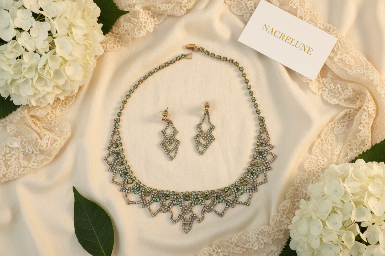 Parure sophistiquée en strass verts nacrelune.com parure