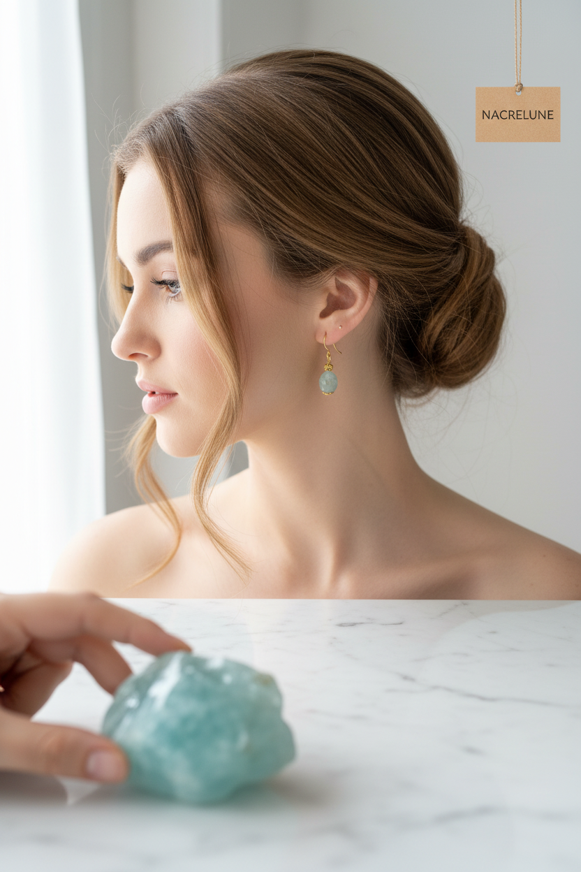 Boucles d'oreille en Aigue-Marine Facettée – Monture Dorée | NACRELUNE nacrelune.com boucles d'oreille