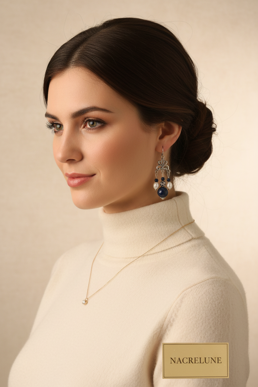 Boucles d'Oreille en Lapis Lazuli & Perles | Pierre de Sagesse nacrelune.com boucles d'oreille