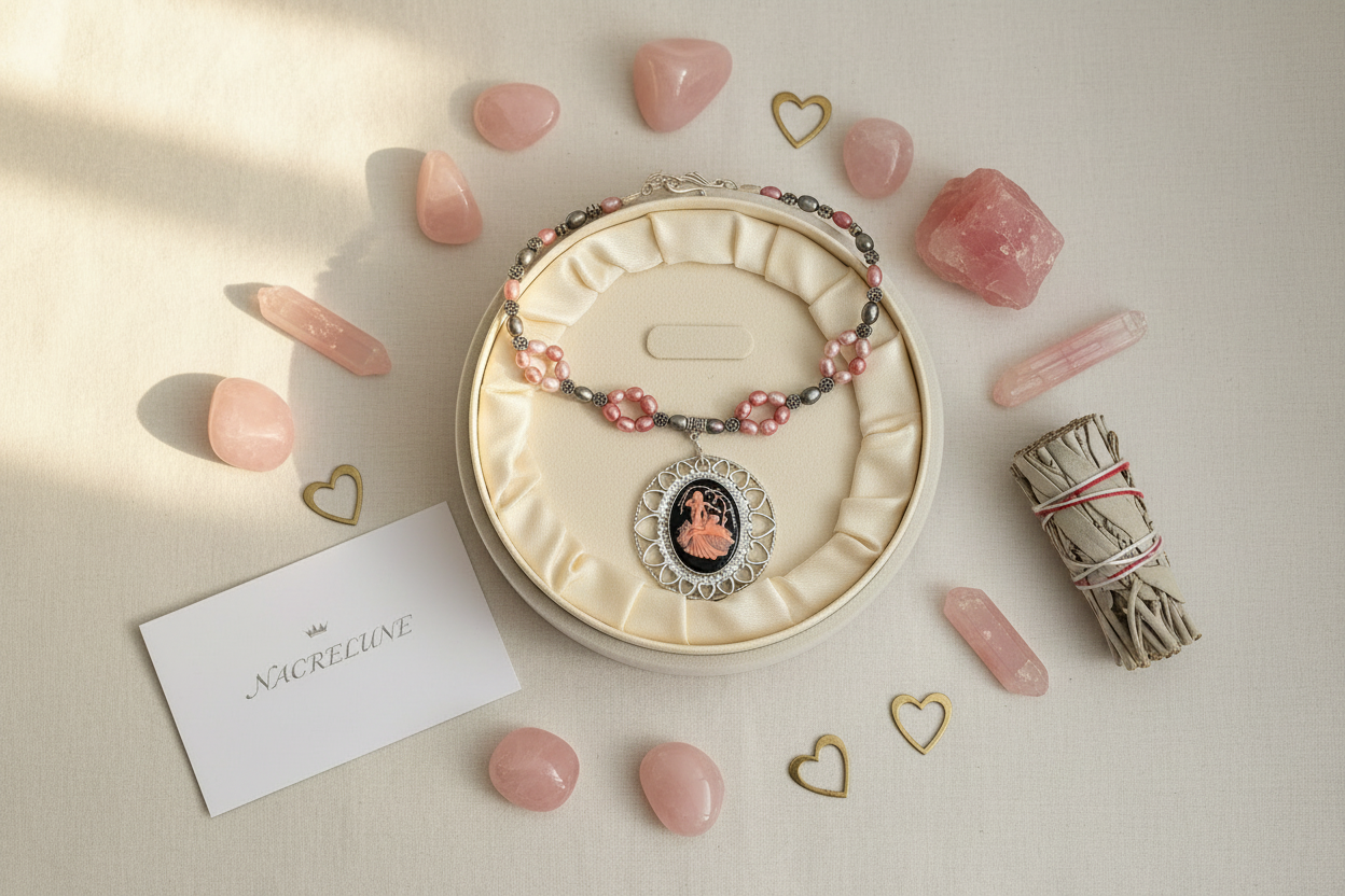Collier en perles de culture roses avec camée nacrelune.com collier