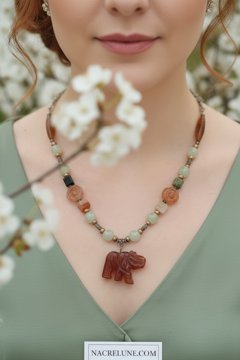 Collier en jade vert et agate cornaline avec éléphant sculpté nacrelune.com collier