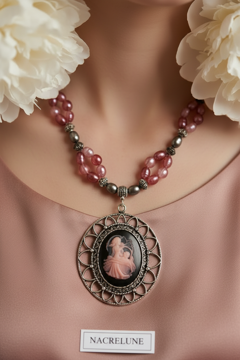 Collier en perles de culture roses avec camée nacrelune.com collier