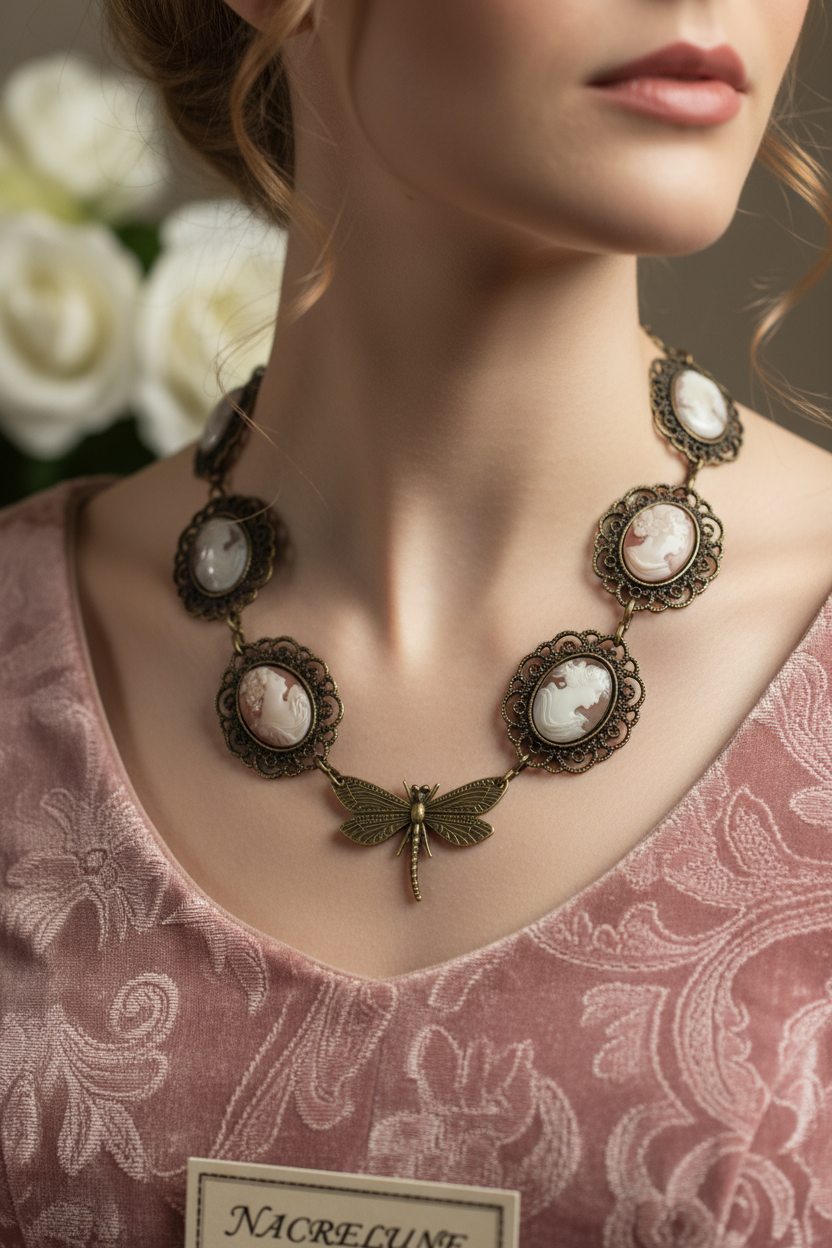Collier fait de camées avec libellule nacrelune.com collier