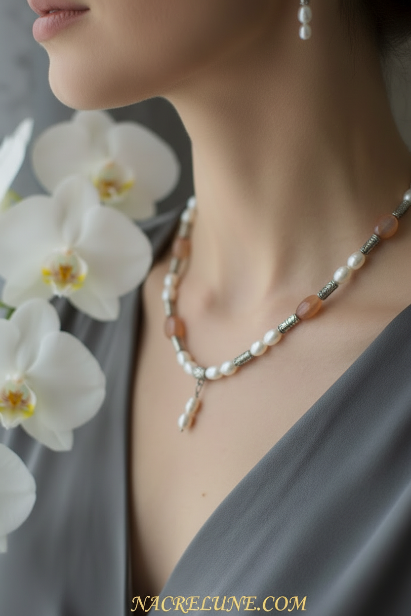 Parure en perles de pierres de lune avec perles de culture nacrelune.com parure