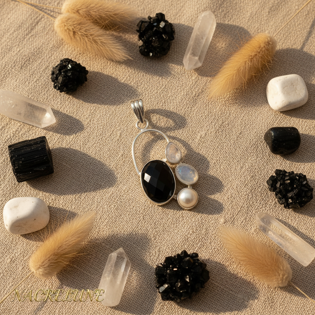 Pendentif en argent 925 avec onyx, perle et pierres de lune nacrelune.com pendentif