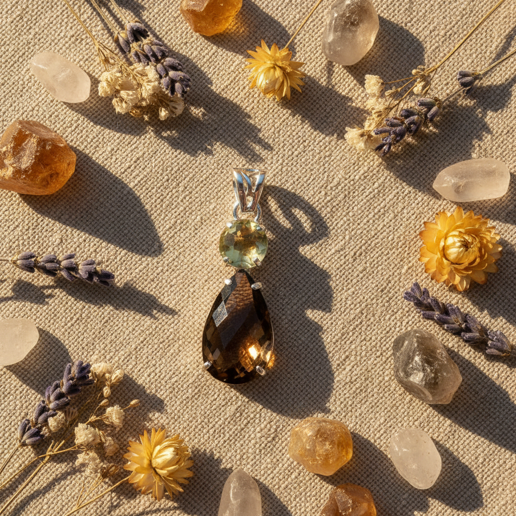 Pendentif en argent 925 avec citrine et quartz fumé taillés nacrelune.com collier