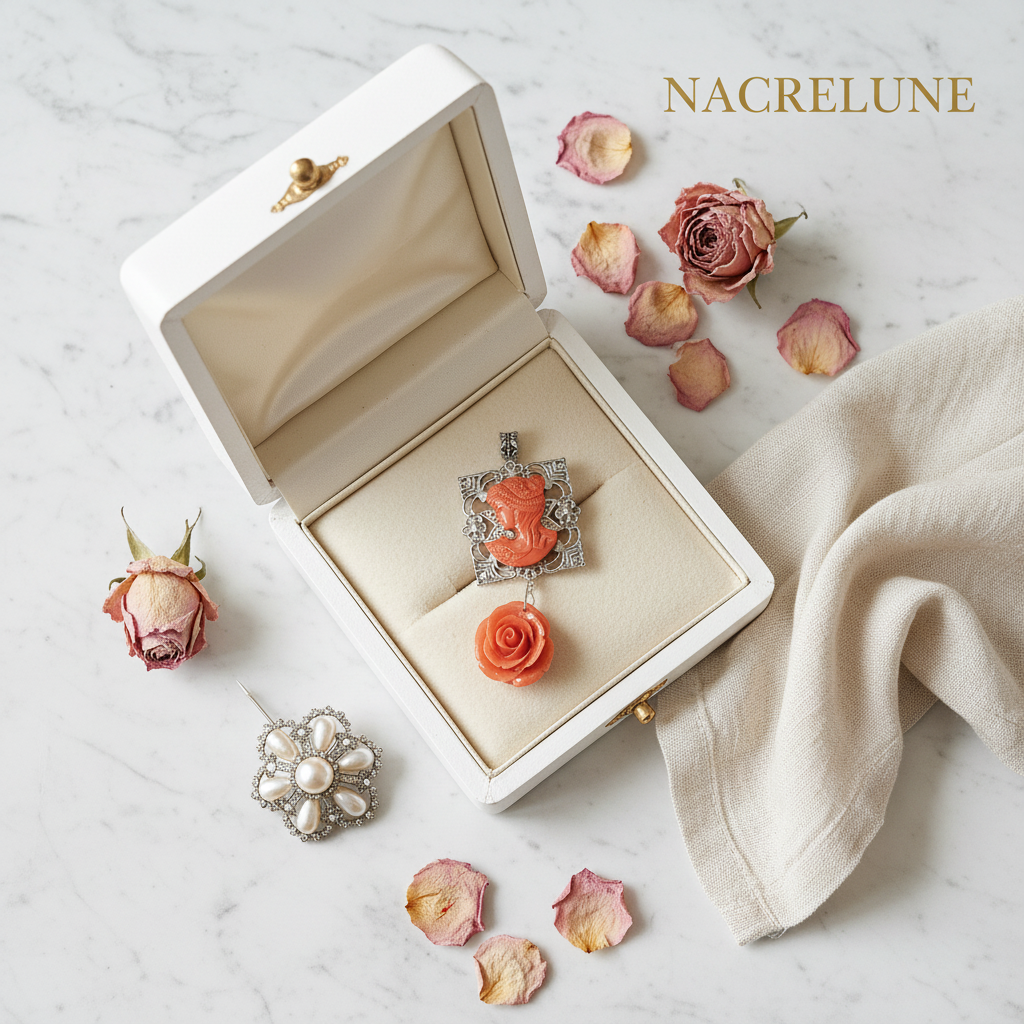 pendentif en reproduction de corail représentant une jolie dame et une rose sculptée nacrelune.com pendentif