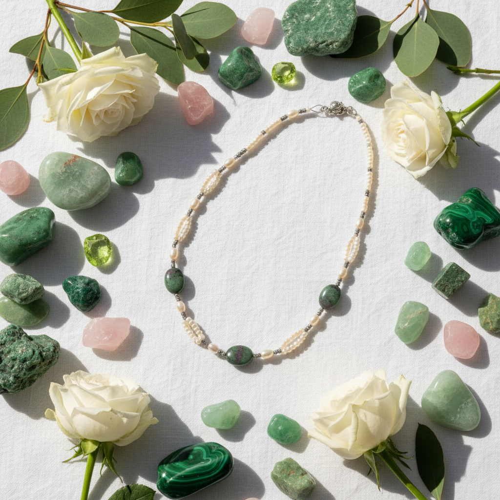 Collier en perles de culture et rubis zoïsites polis nacrelune.com collier