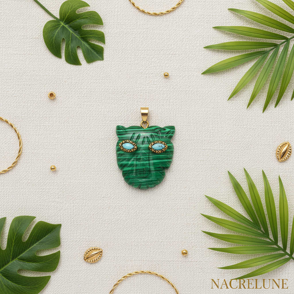 Pendentif Panthère Pierres Naturelles – Onyx, Malachite, Lapis Lazuli, Améthyste & Turquoise | Nacrelune Vert (malachite) nacrelune.com pendentif