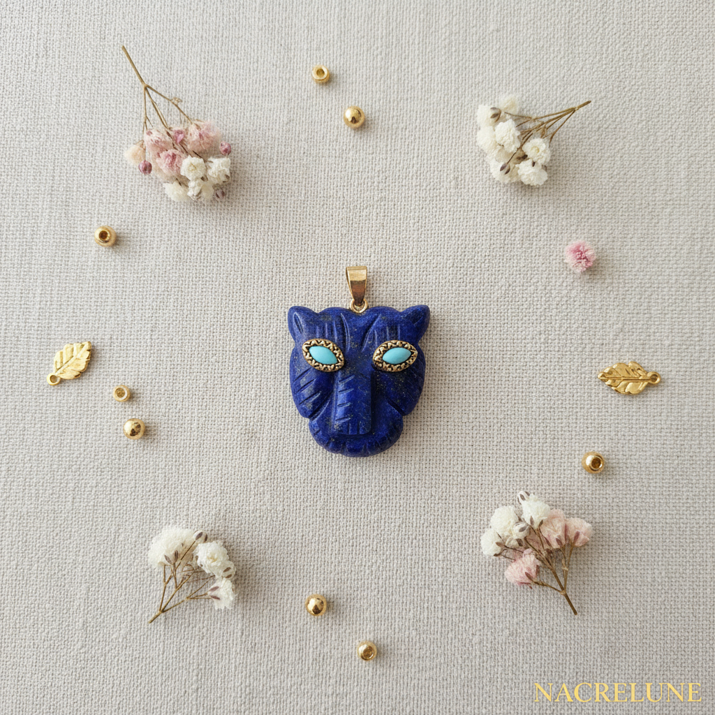 Pendentif Panthère Pierres Naturelles – Onyx, Malachite, Lapis Lazuli, Améthyste & Turquoise | Nacrelune Bleu nacrelune.com pendentif