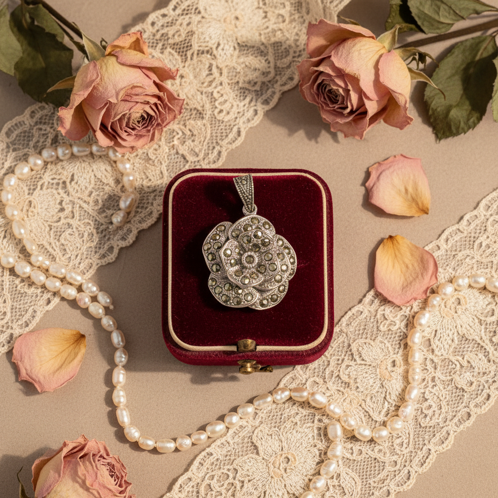 Pendentif Argent 925 & Marcassites | Rose Sculptée Art Déco – Nacrelune nacrelune.com pendentif
