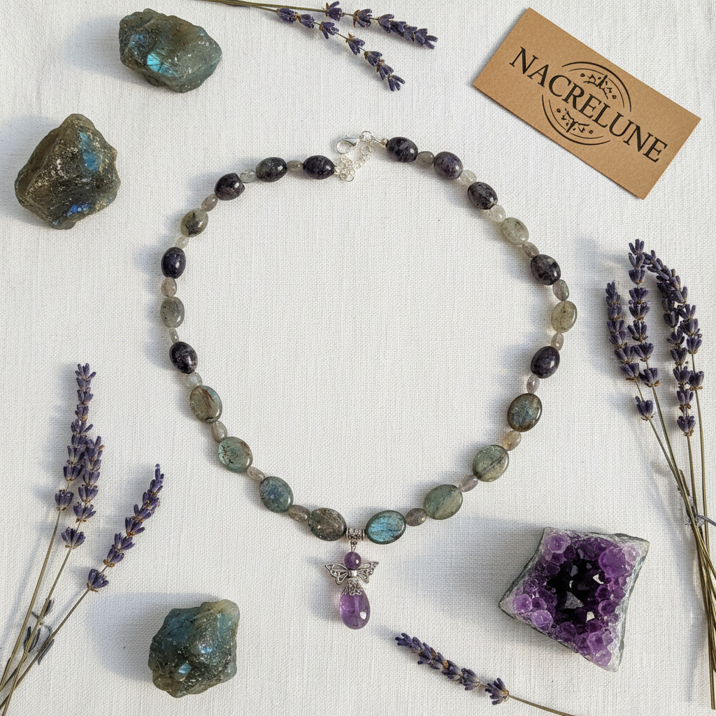 Collier Labradorite & Pendentif Ange Gardien en Améthyste | NACRELUNE nacrelune.com collier