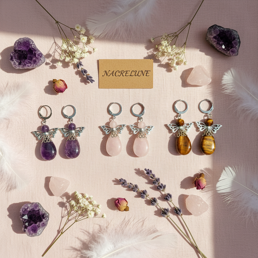Boucles d'oreille Ange Gardien – Améthyste, Œil du Tigre ou Quartz Rose | NACRELUNE nacrelune.com boucles d'oreille