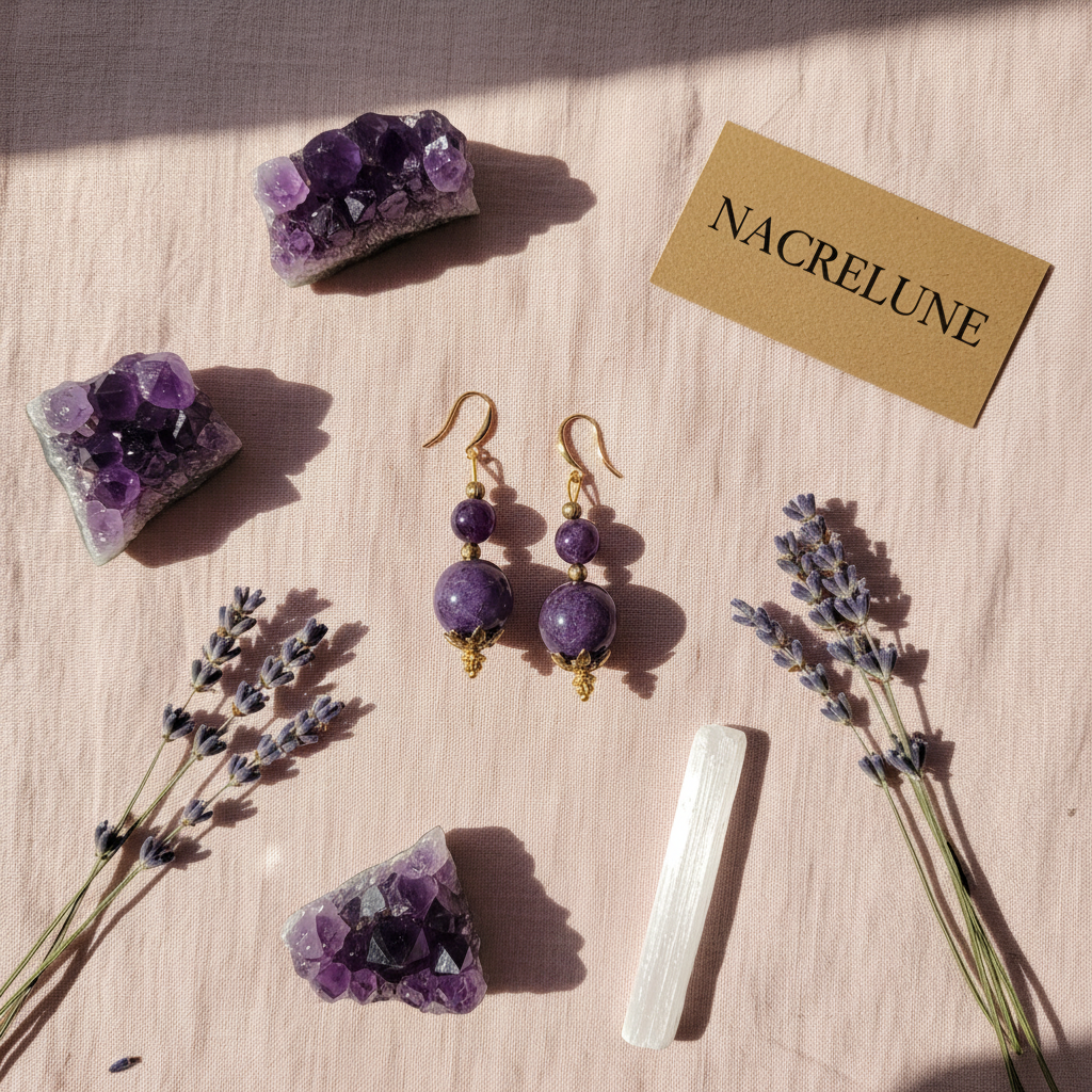 Boucles d'oreille en Améthyste – Monture Dorée & Intuition | NACRELUNE nacrelune.com boucles d'oreille