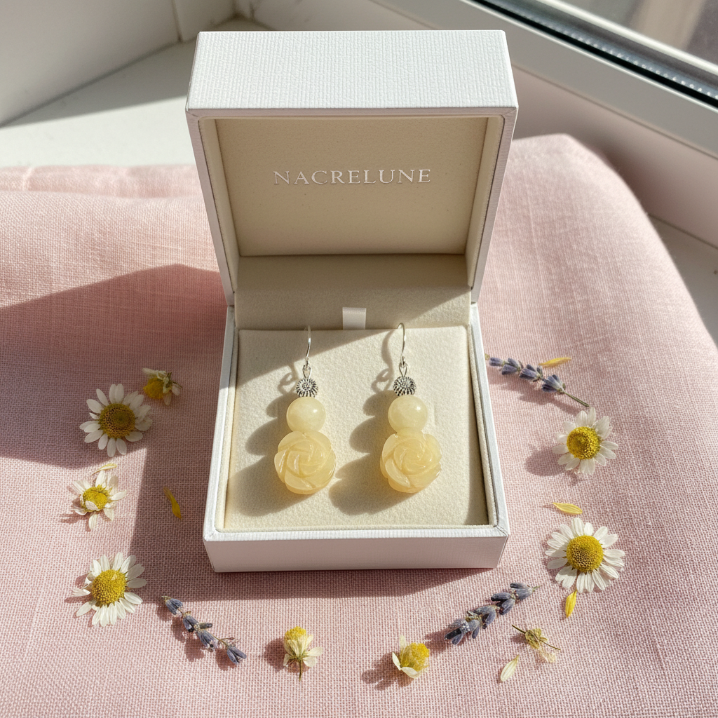 Boucles d'oreille en Citrine – Fleur sculptée & perle argentée nacrelune.com boucles d'oreille