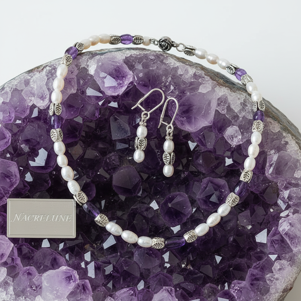Parure en perles de culture avec améthystes véritables polies nacrelune.com parure