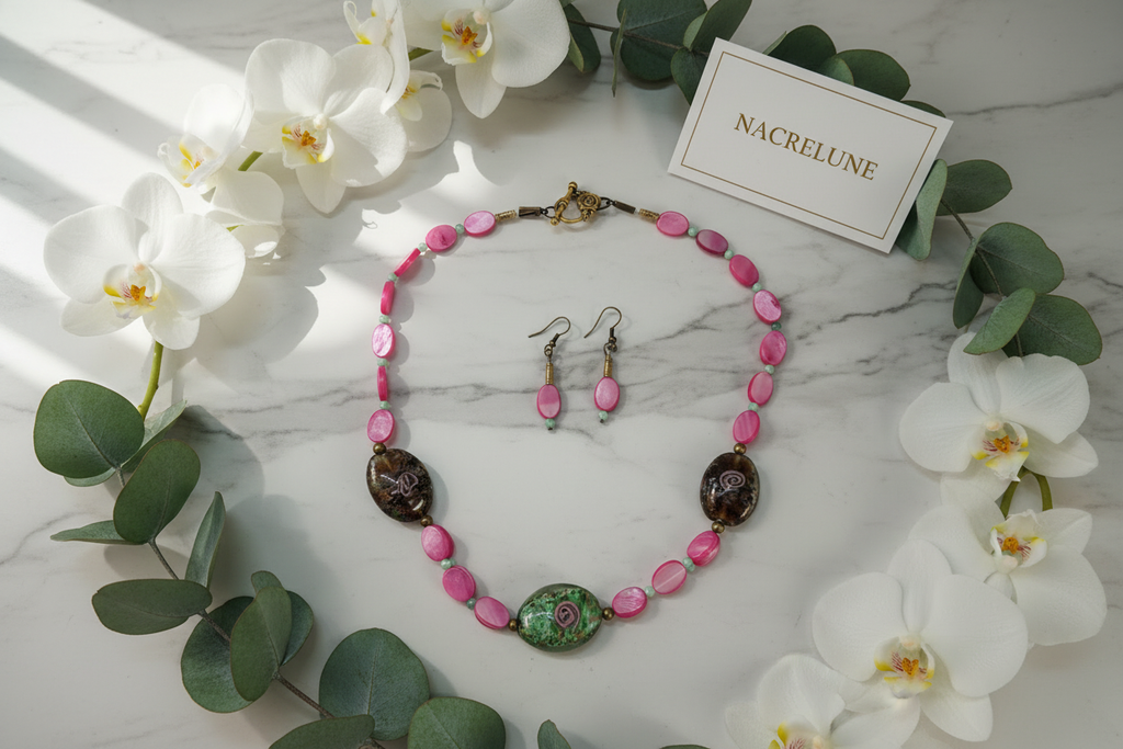 Parure en perles de nacre et grandes perles de verre nacrelune.com parure