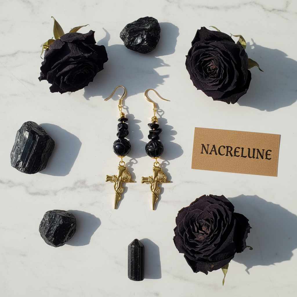 Boucles d'oreille en Onyx Sculpté – Croix Dorée à la Rose | NACRELUNE nacrelune.com boucles d'oreille