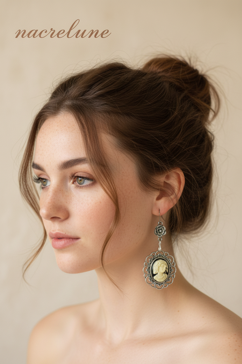 Boucles d’oreille camée jolie dame nacrelune.com boucles d'oreille