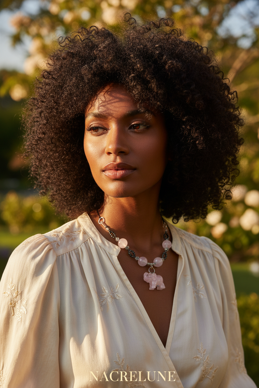 Collier en perles et elephant sculpté en quartz rose véritable nacrelune.com collier