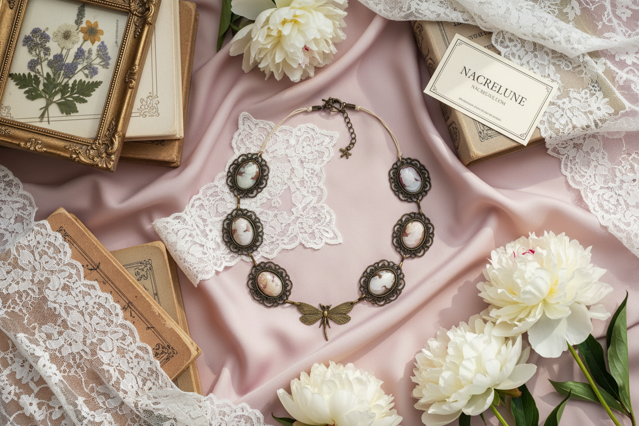 Collier fait de camées avec libellule nacrelune.com collier