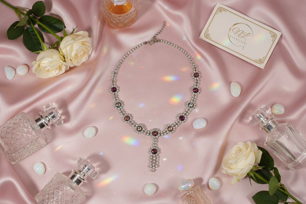 Collier en strass aux reflets multicolores nacrelune.com collier