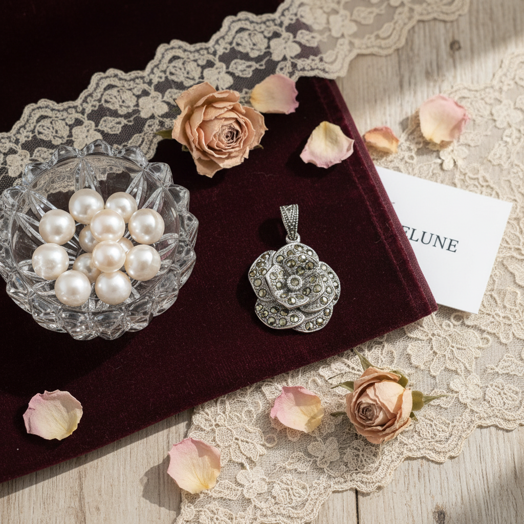 Pendentif Argent 925 & Marcassites | Rose Sculptée Art Déco – Nacrelune nacrelune.com pendentif
