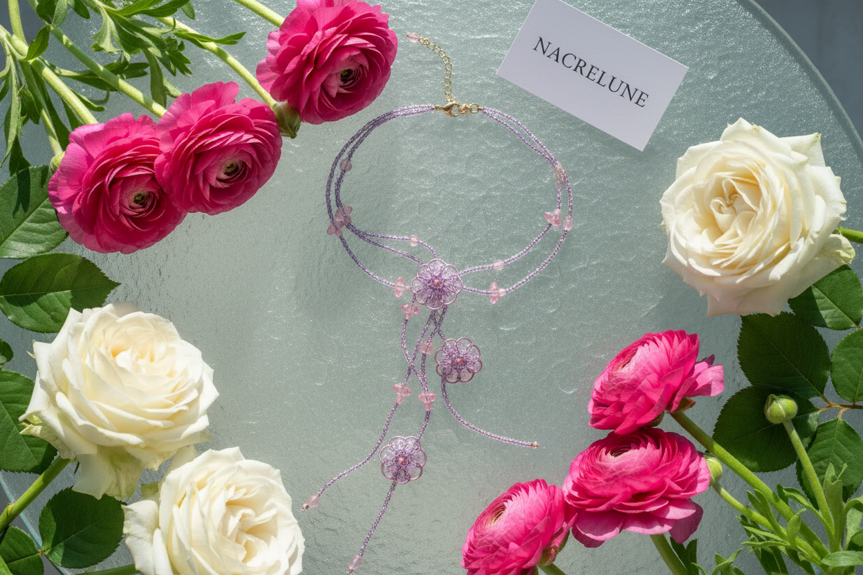 Collier roses en perles de rocaille nacrelune.com collier