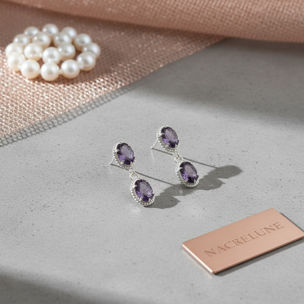 Boucles d'oreilles en argent et améthystes taillées nacrelune.com boucles d'oreille