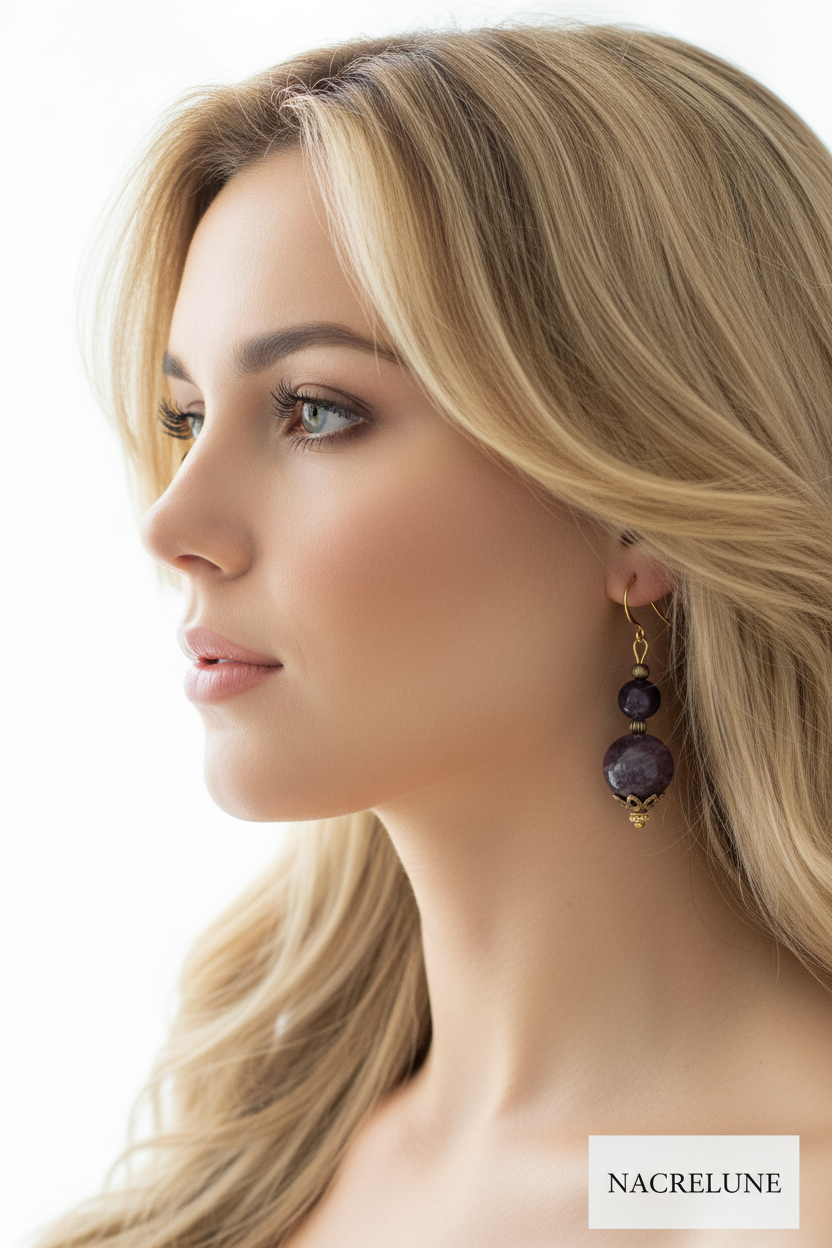 Boucles d'oreille en Améthyste – Monture Dorée & Intuition | NACRELUNE nacrelune.com boucles d'oreille