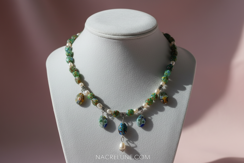 Parure en perles de verre millefiori et perles de culture nacrelune.com parure