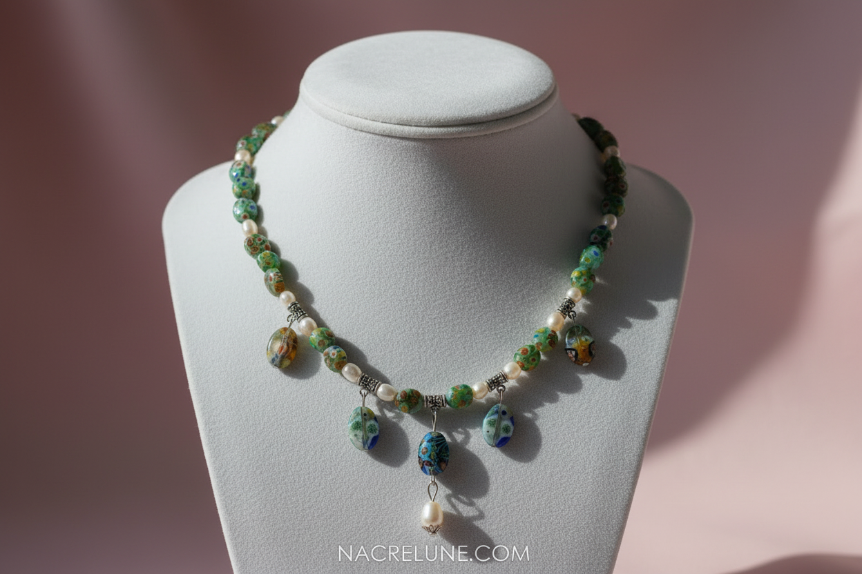 Parure en perles de verre millefiori et perles de culture nacrelune.com parure