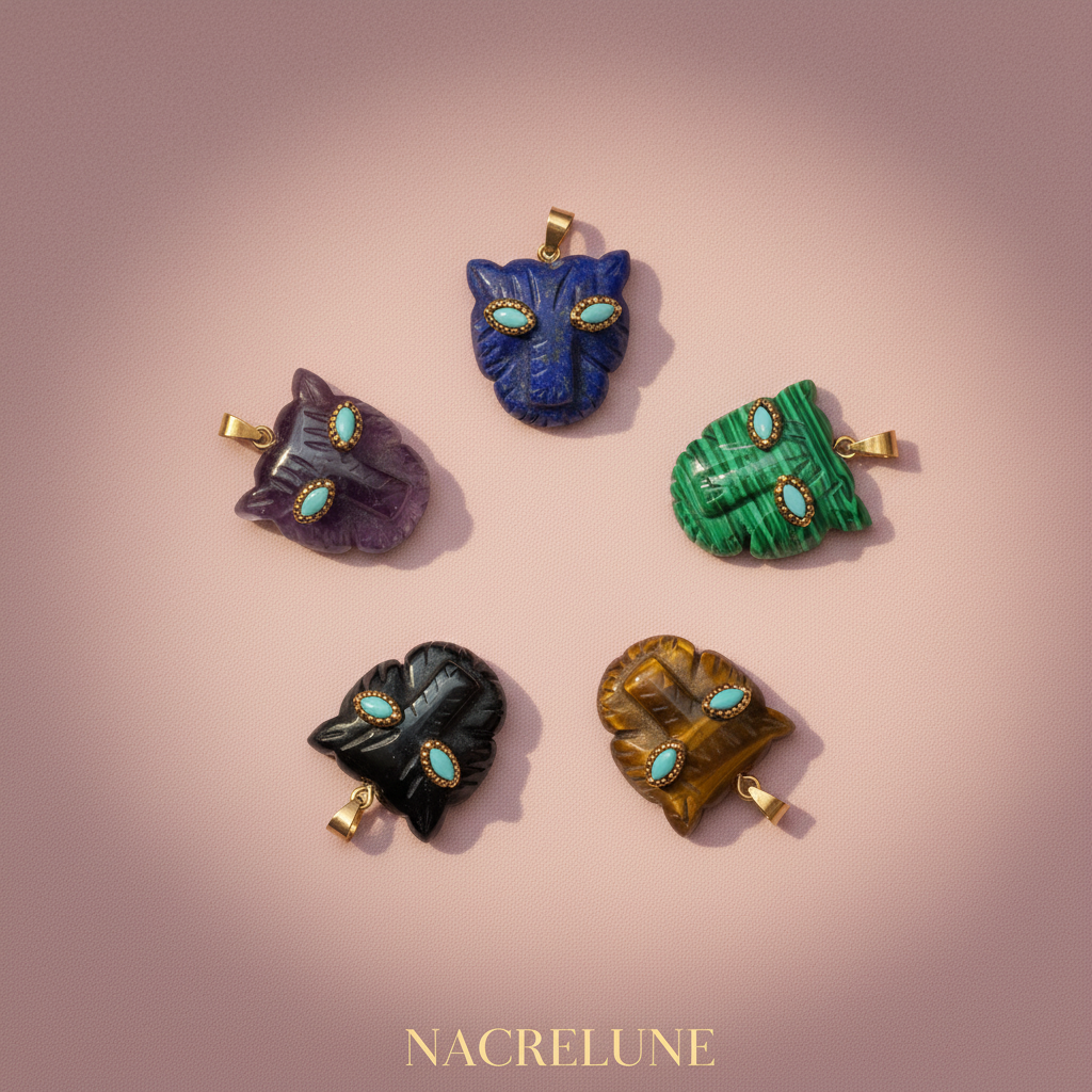Pendentif Panthère Pierres Naturelles – Onyx, Malachite, Lapis Lazuli, Améthyste & Turquoise | Nacrelune nacrelune.com pendentif